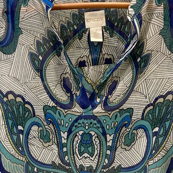 Colorful Chico’s blouse. Shades of blue on white/black geometric print. Size 2 - Picture 2 of 3